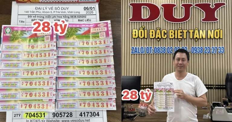 여성, 28억 동(28 trillion VND) 로또 당첨, 가족과 함께 상금 수령